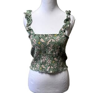 Aries Smocked Floral Crop Top Green Medium – Ruffle Straps | NWT
